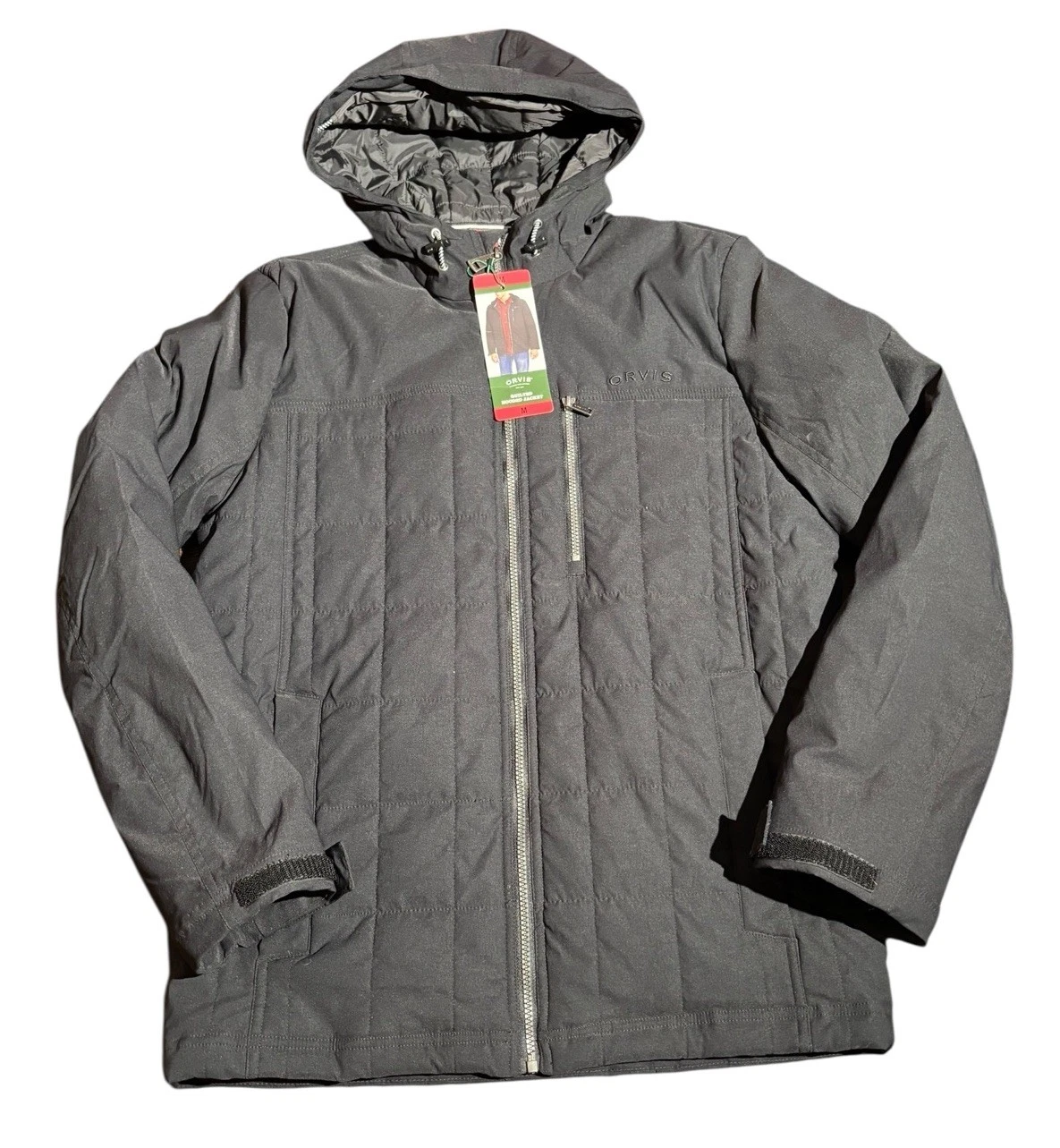 New NWT Orvis Quilted Hooded Jacket Men’s Medium Black Water Resistant Tags