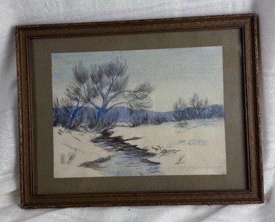 Antique Original Winter Landscape Watercolor Signed Carolyn Timpte @1912