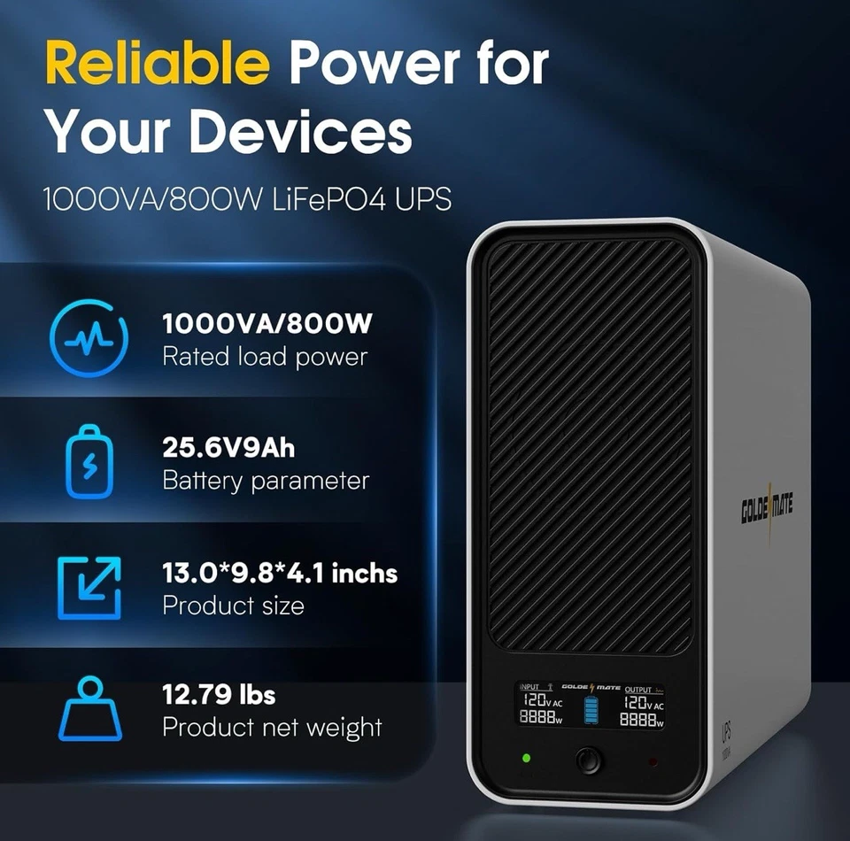 GOLDENMATE 1000VA/800W LiFePO4 UPSBackup, onda senoidal pura, 8 tomadas, display LCD - Imagem 2 de 4