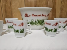 HAZEL ATLAS MILK GLASS EGG NOG PUNCH BOWL SET 6 CUPS & 1 BOWL CIRCA 1950'S XMAS