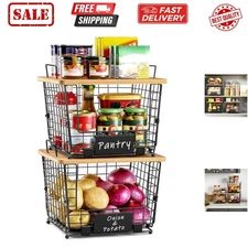 2 Set Large Stackable Wire Basket with Bamboo Tops & Tag- Pantry Organizer an...