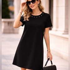 Black Dress M Size Pearls Short Sleeve Mini Elegant for Work Office Casual
