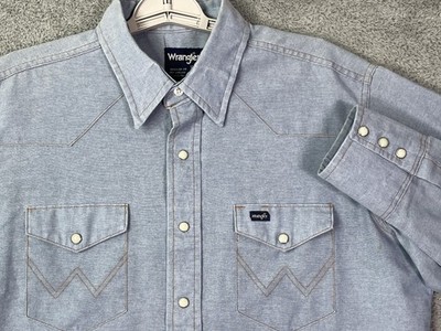 VTG Wrangler Pearl Snap Shirt Men XL Blue Chambray Western Cowboy Ranch 80s 90s