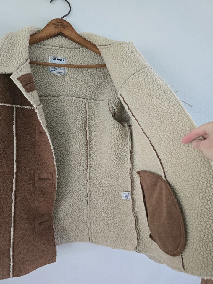 Antiguo Abrigo Azul Marino Y2K Tostado Imitación Gamuza Sherpa Piel de Oveja Forrado Exterior Chaqueta M De Colección Foto 3 de 4