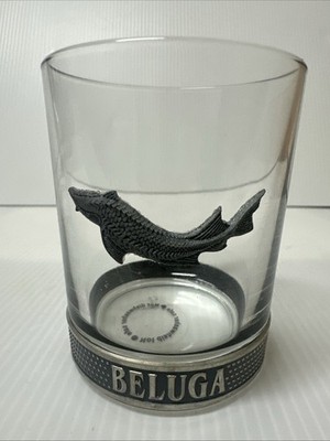Beluga Noble Russian Vodka Tumbler Glass Metal Sturgeon Emblem Rare Barware