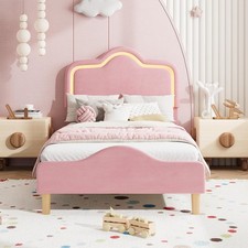Twin Size Upholstered LED Bed Frame, Velvet Princess Platform Bedframe for Kids