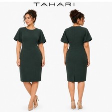T Tahari Womens Forest Green Flutter Sleeve Sheath Work Dress Size 8