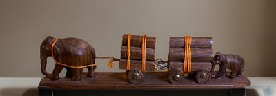 Hand Carved Wooden Elephant Pulling Carts w/Logs & Baby Pushing 10 x 2.5 x 1.75 