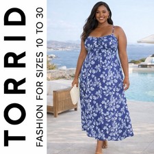 Torrid Blue Floral 90s LoveSick Front Tie Tea Length Dress, Large, NWT!