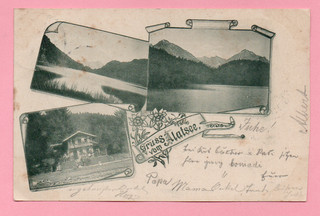 Greetings from Lake Alatsee 1899 used; Füssen Pfronten Vils Reutte Hopferau Kempten Allgäu