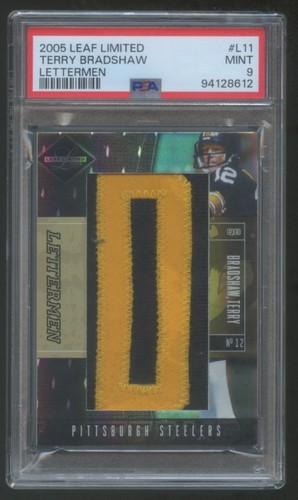 PSA 9 TERRY BRADSHAW 2005 LEAF LIMITED GAME WORN JUMBO JERSEY PATCH LOGO 4/8 HOF