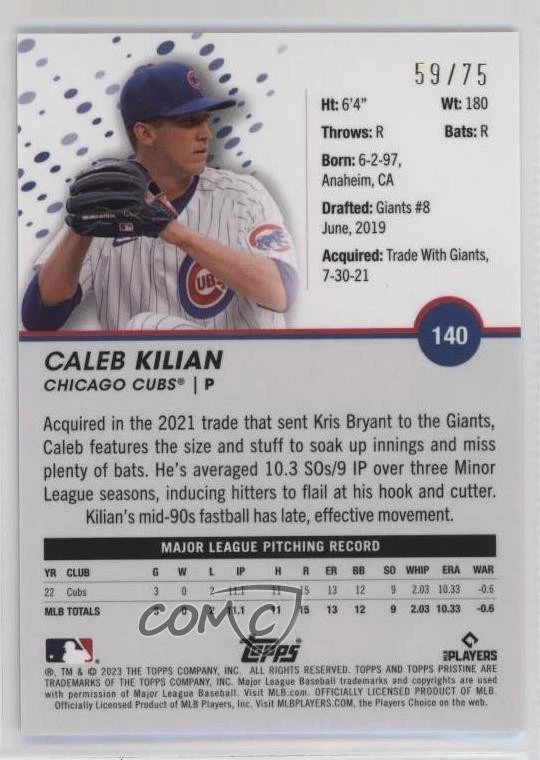 2023 Topps Pristine Blue Refractor /75 Caleb Kilian #140 Rookie RC - Image 2 of 2