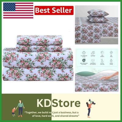Feather & Stitch 100% Cotton Cooling Sheet Set, 300 Thread Count Queen Floral