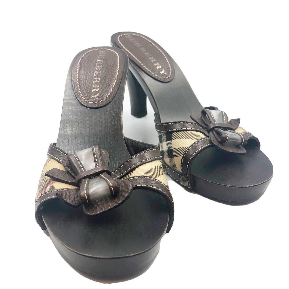 Burberry Woman's Signature Nova Check Heels Sandal 37 Wood