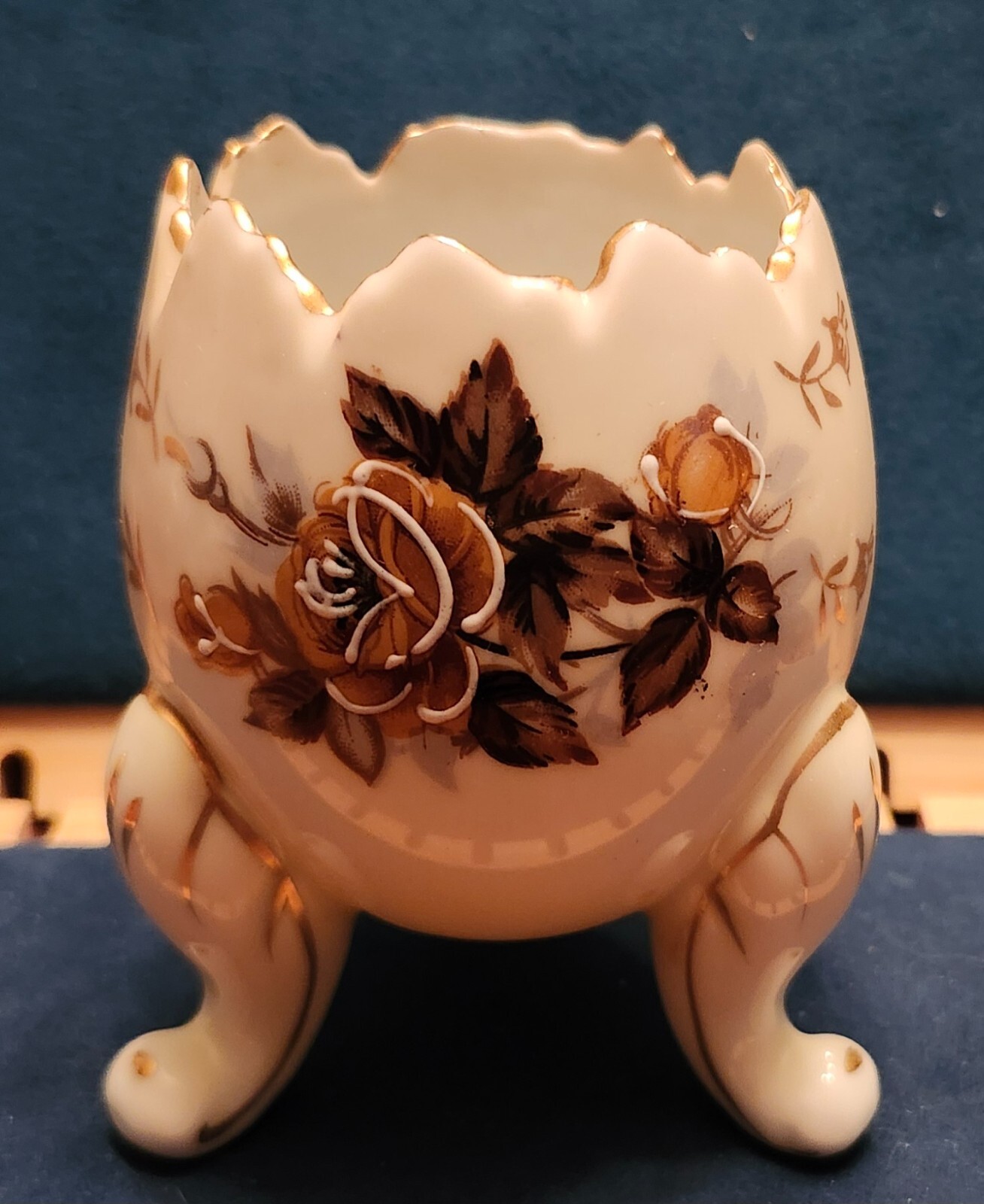Napco porcelain hand painted  footed egg trinket dish mini vase gold floral