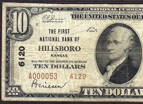 🇺🇸 KS 1929 $10 TYPE-2 ♚♚ HILLSBORO, KANSAS ♚♚ PMG VER FINE 20 SCARCE