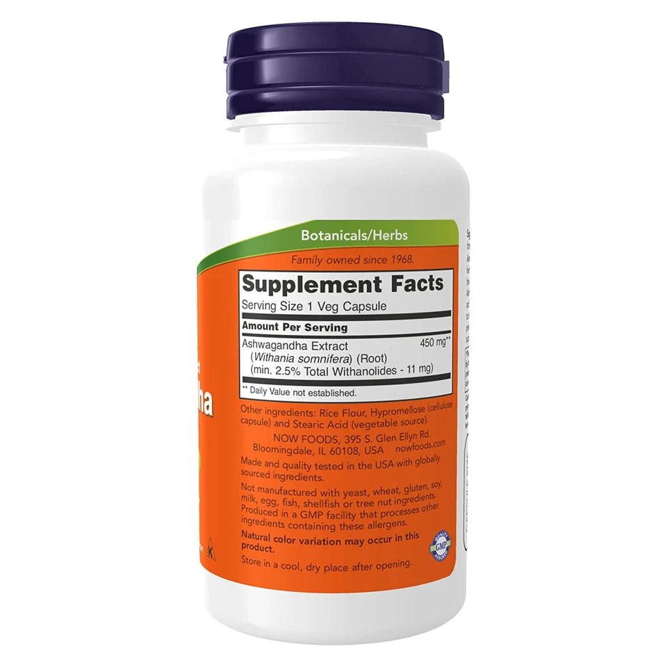 NOW FOODS Ashwagandha 450 毫克 90 粒素食胶囊 — 第 2/4 张图片
