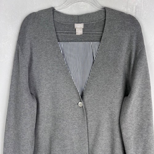 Chicos size 3 /XL shirting back cardigan sweater gray striped knit poplin preppy - Picture 2 of 13