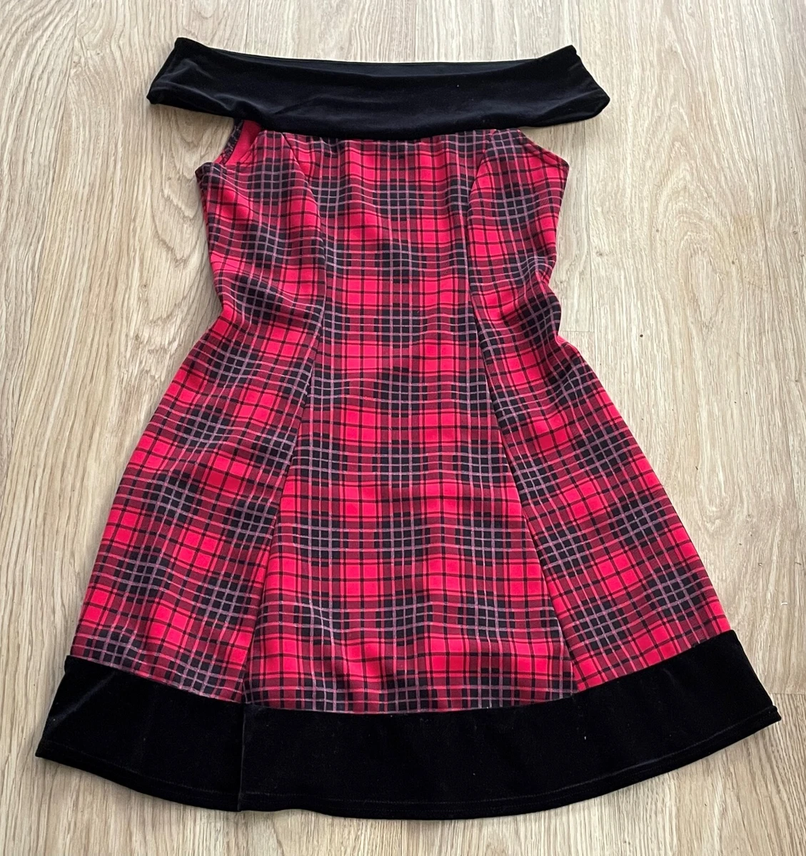 GORGEOUS SIZE 12 STRETCHY RED TARTAN OFF SHOULDER DRESS WITH BLACK VELVET  TRIM | eBay