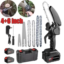 4" 6" Mini Chainsaw Electric Wood Cutter Cordless Chain Saw 2 Batteries 4 Chains