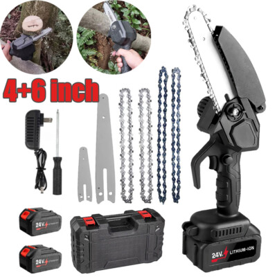 4'' 6'' Mini Chainsaw Electric Wood Cutter Cordless Chain Saw 2 Batteries 4 Chains