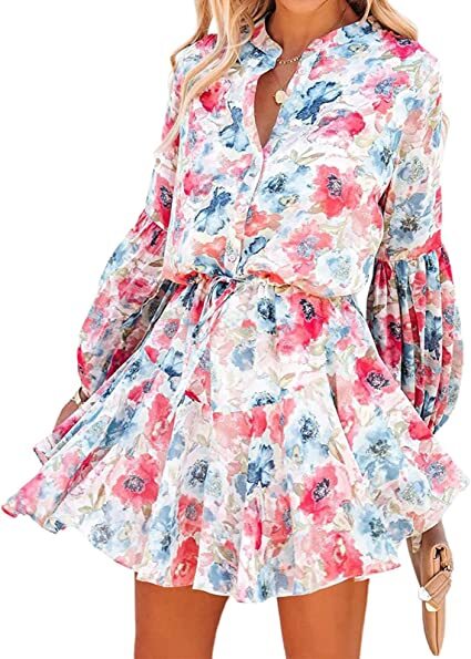 Womens Floral Button Down Boho Long Sleeve Flowy Dress | eBay