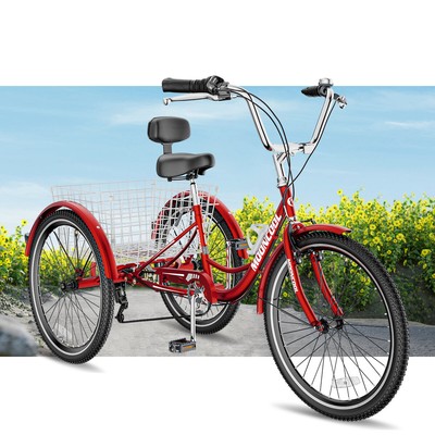 SLSY 24/26'' 7 Speed Tricycle 3-Wheel Trike Cruiser Bicycle w/Basket Backrest