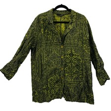 Liv By Habitat Crinkle Jacket Size Xl Green Floral Button Front Artsy