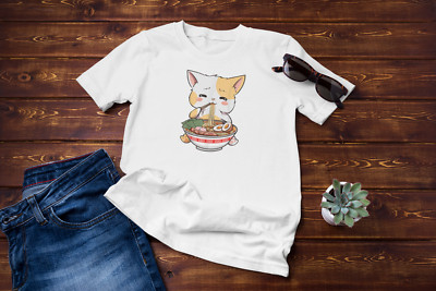 Japanese Ramen Cat Funny Printed Cotton Men's Unisex T-Shirt Top Tee Casual Wear