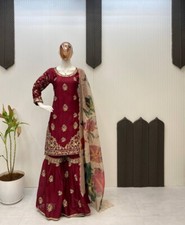 Designer New Maroon Chinnon Top Palazzo With Dupatta For Function Wear