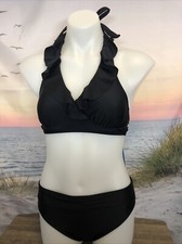 NWT Cupshe Womens Two Piece Swimsuit Size XS Black Ruffle Halter
