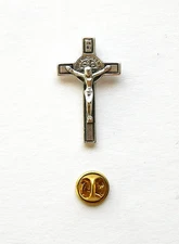 Saint Benedict Silver Tone Crucifix Lapel Pin