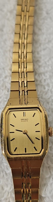 Seiko Quartz Women's Gold Tone Rectangle Dress Watch Gold Dial Metal Bracelet