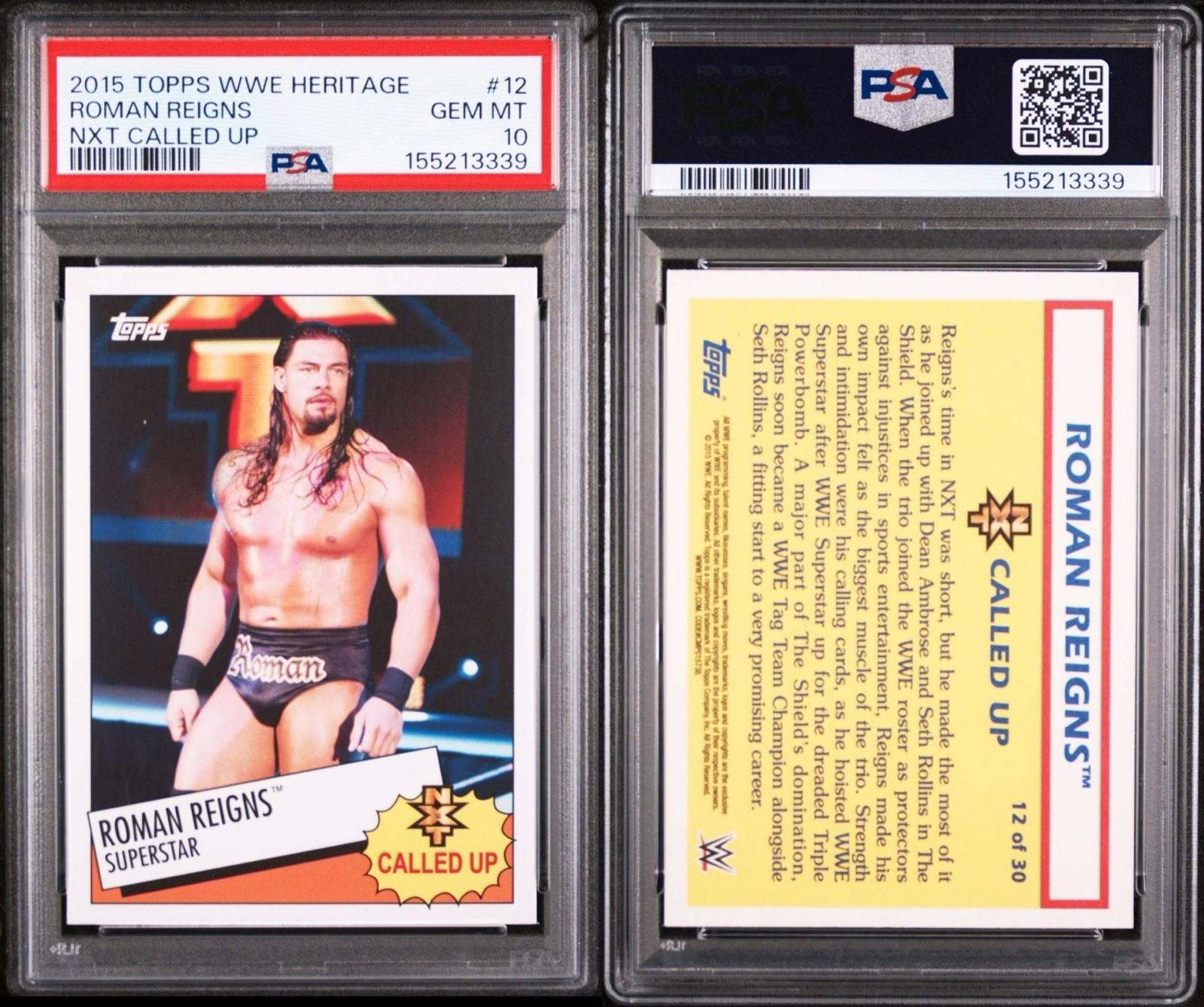 2015 Topps WWE Heritage #12 Roman Reigns PSA 10 GEM; nXt Called Up view 3
