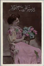 Vintage French HAPPY NEW YEAR Real Photo Postcard / Tinted RPPC "Bonne Annee"