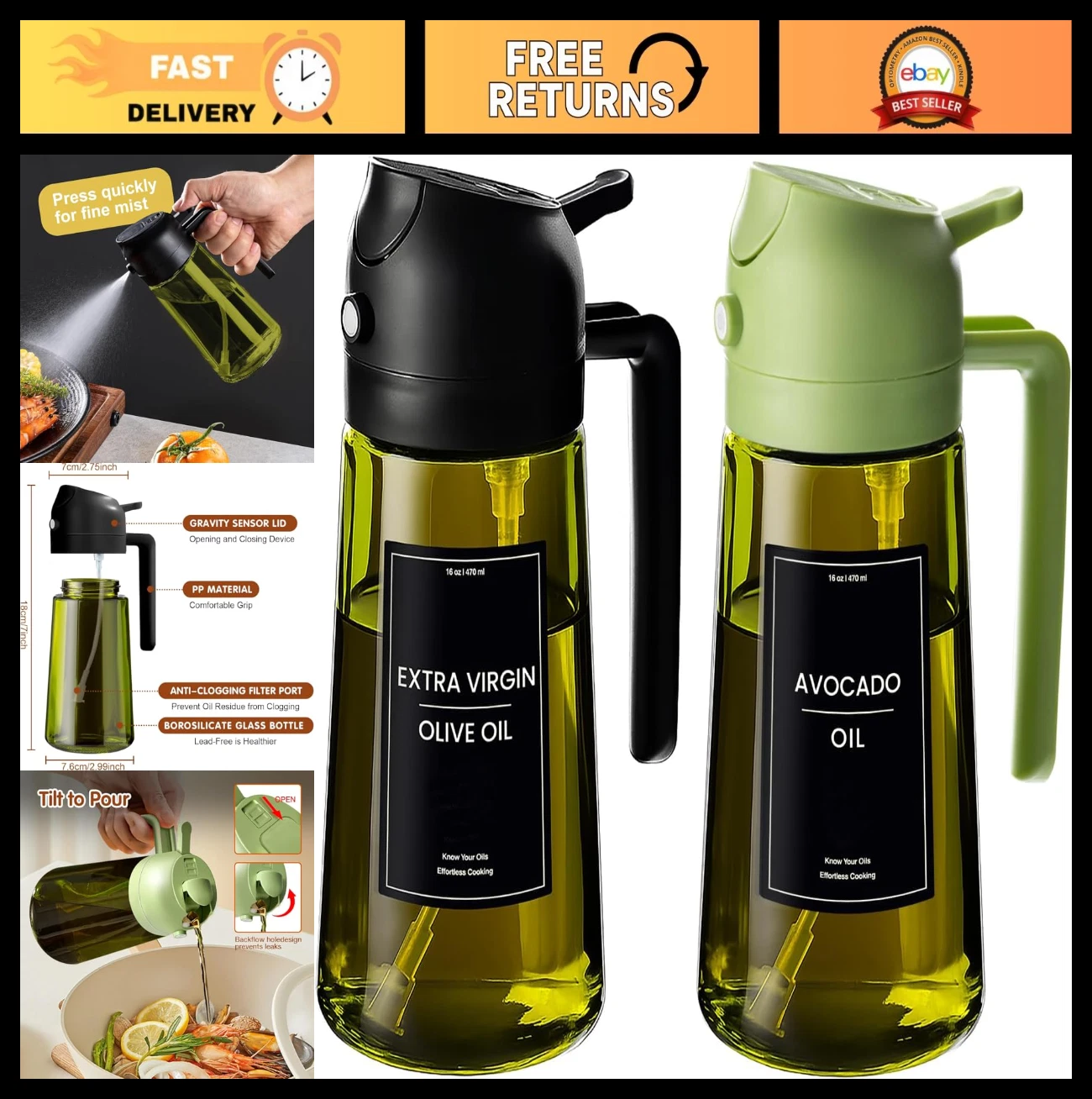 16oz Glass Olive Oil Sprayer - 2-in-1 Dispenser for Cooking, BBQ, Air Fryer & Sa