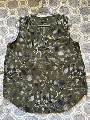 Mossimo Olive Green Leaf Vines Sleeveless V-neck Blouse Shirt Top Sz L
