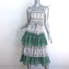 Tory Burch Bandana Print Ruffled Midi Dress Cream/Green Cotton Size Extra Small