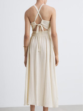 MANGO Cream Linen Maxi Dress With Open Tie Back Detail RRP £55.98 - Brand New