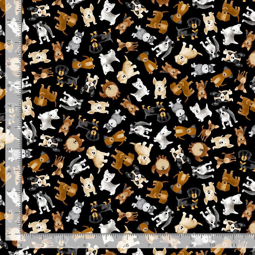 Happiness Has Paws Fabric | Tossed Small Dogs Black | Timeless Treasures YARD