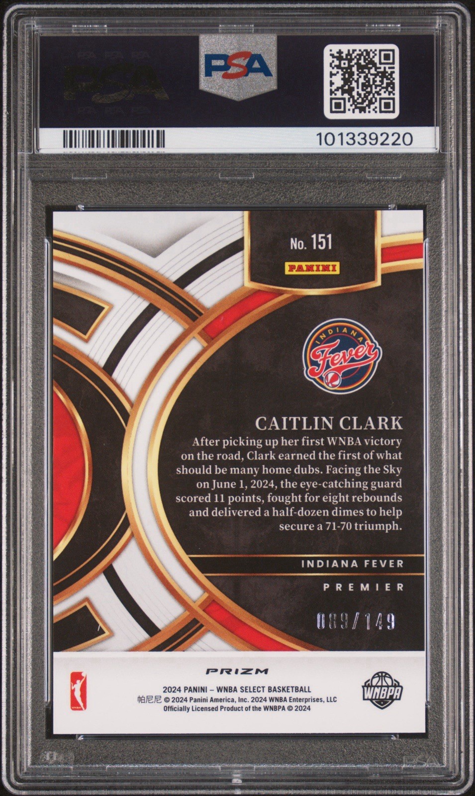 2024 Panini Select WNBA Premier Level Caitlin Clark #151 Purple Prizm /149 PSA 9 view 2