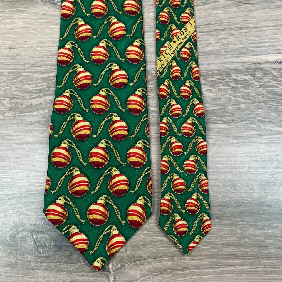 J Z Richards Nordstrom Mens Green Red Gold Holiday Christmas Ornament Silk Tie - Image 4 of 4