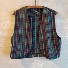 240a. vintage green plaid open front sleeveless vest, 44/46