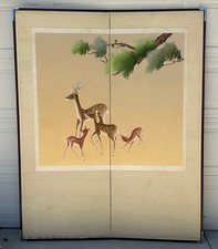 Antique Japanese Meiji Two-Panel Embroidered Silk Screen w/ Deer & Pine, c. 1880