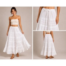 Akshita White Cotton Maxi Skirt Free Size Boho Eyelet Lace Tiered Drawstring
