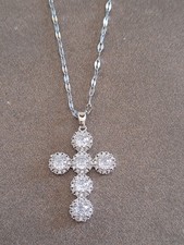 Stainless Steel Crystal Cross Necklace Silver Tone Cubic Zirconia Pendant