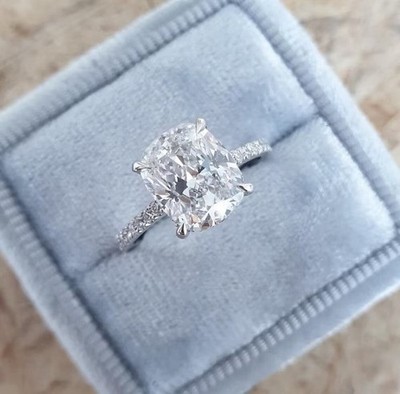 4.00 CT Cushion Cut Hidden Halo Moissanite Engagement Ring 14k White Gold Plated