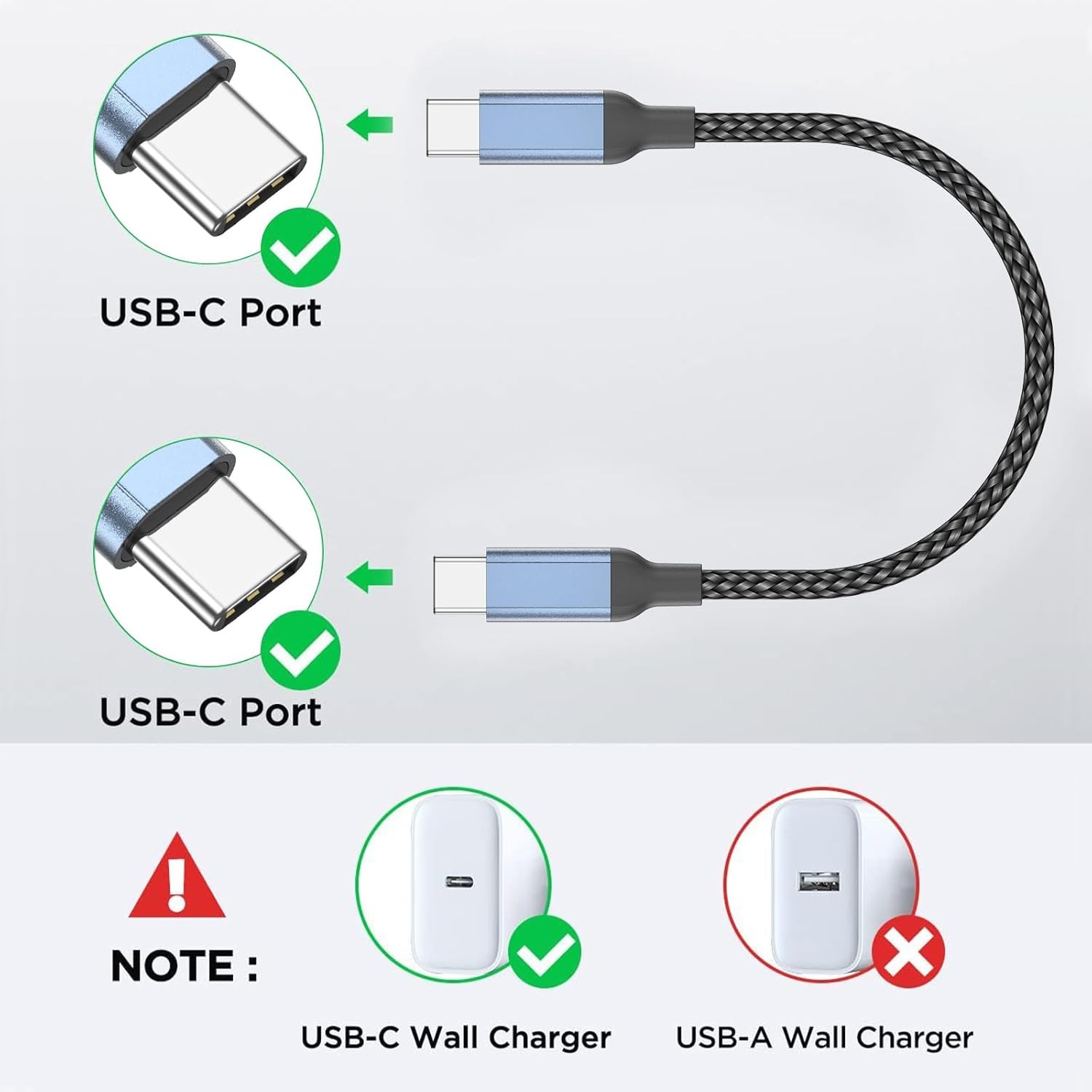 C to C Cable Short 6 inch, 3 Pack Fast Charging USBC Charger 0.5 FT, Black 