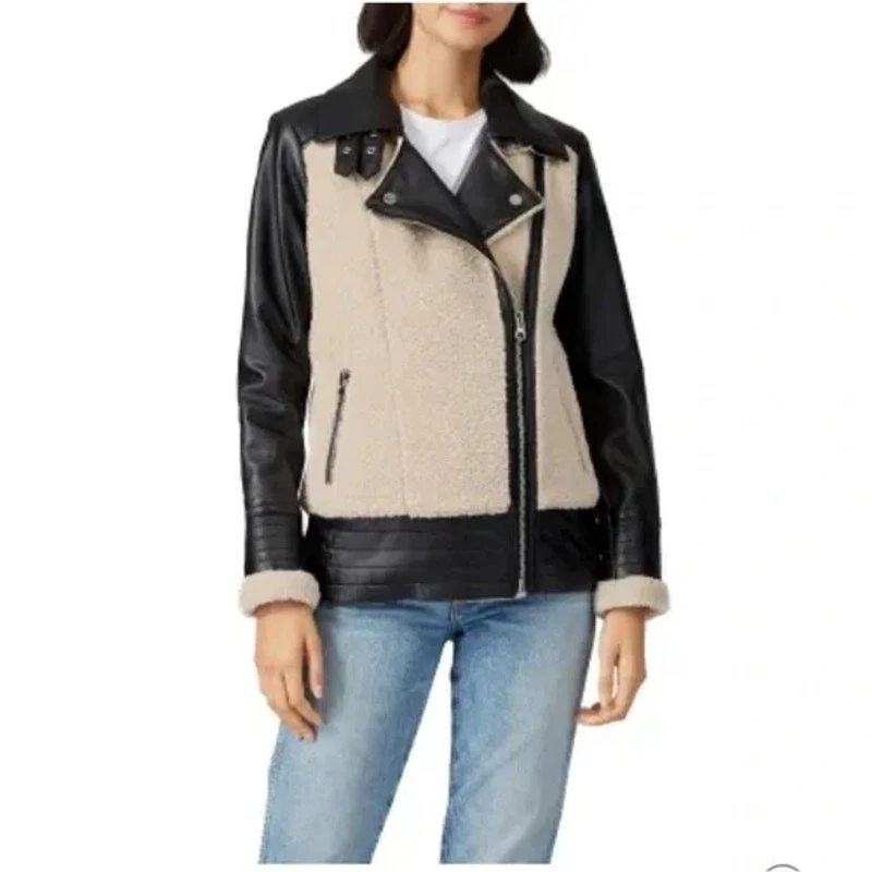 Slate & Willow 飞行员米色黑色 100% 皮革夏尔巴拉链摩托车外套夹克 S — 第 4/4 张图片