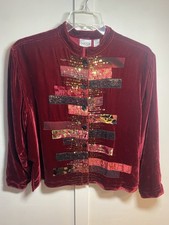 Chico's 2 Women's Size 14 Red Velvet Embellished Slim Jacket Long Sleeve NWT